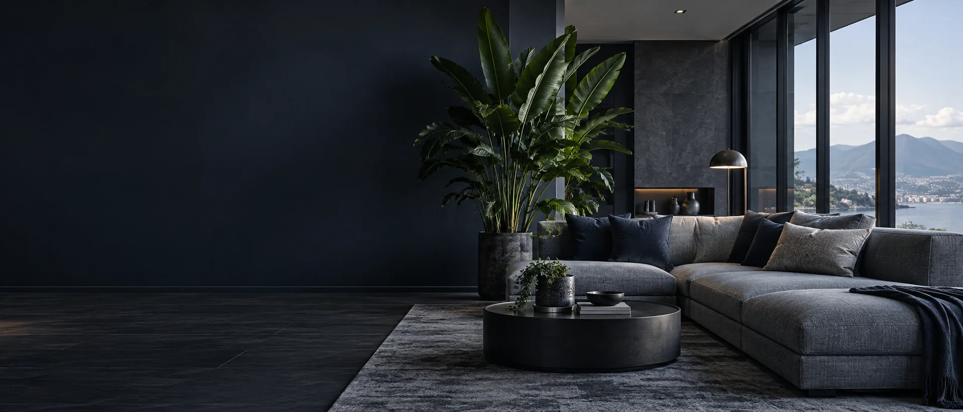 Sala confortável com sofá, plantas e grandes janelas