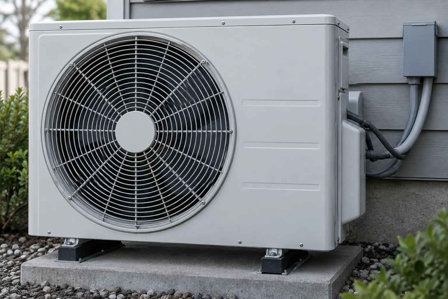Unidade condensadora externa de ar-condicionado com ventilador e grade de proteção